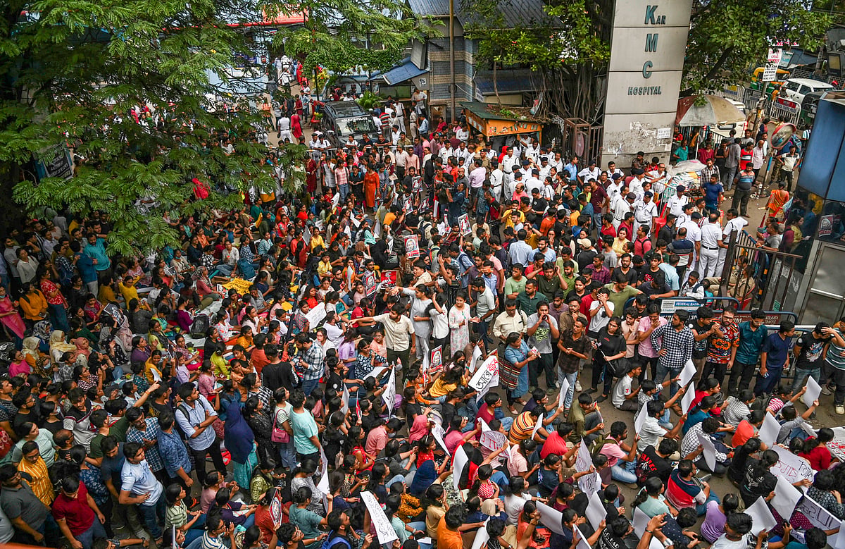 Junior doctors protest against the alleged rape and killing of a trainee doctor, at RG Kar Medical College and Hospital in Kolkata - PTI